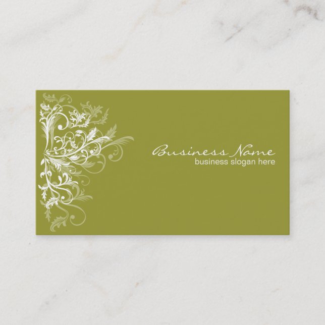 Elegant Retro White Flower Swirls Olive Green Business Card (Front)