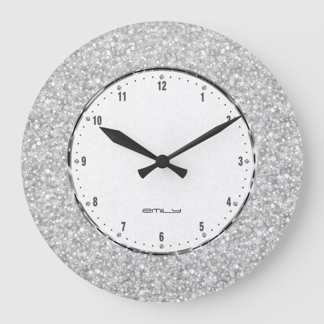 Elegant Retro White Glitter And Sparkles Large Clock (Front)