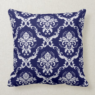 Elegant Reversible Navy Blue & White Floral Damask Cushion
