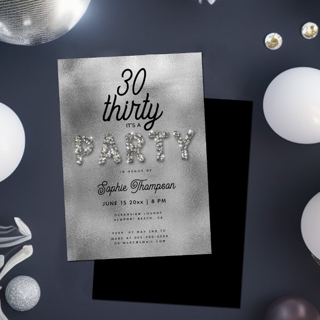 Elegant Rhinestone Silver Foil 30th Birthday Party Invitation (Creator Uploaded)