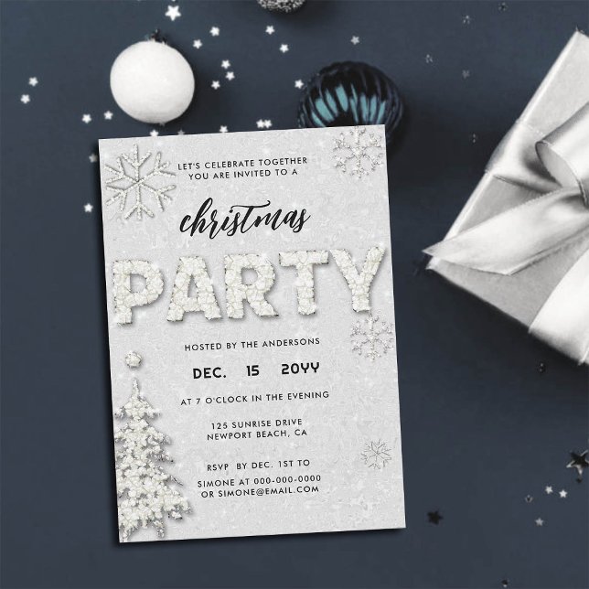 Elegant Rhinestones Christmas Party Invitation (rhinestones christmas party invitation glitter snowflakes tree black white festive classy bling chic)