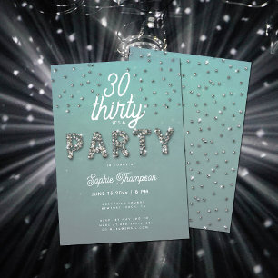 Elegant Rhinestones Glitter Aqua 30th Birthday Invitation