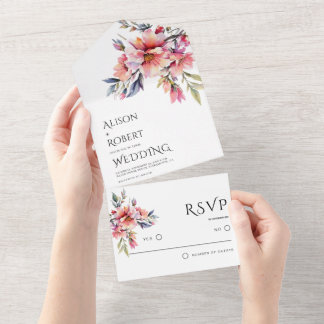 Elegant rhododenron peach-pink flowers wedding all in one invitation