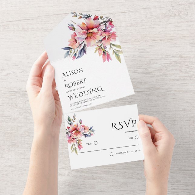 Elegant rhododenron peach-pink flowers wedding all in one invitation (Tearaway)