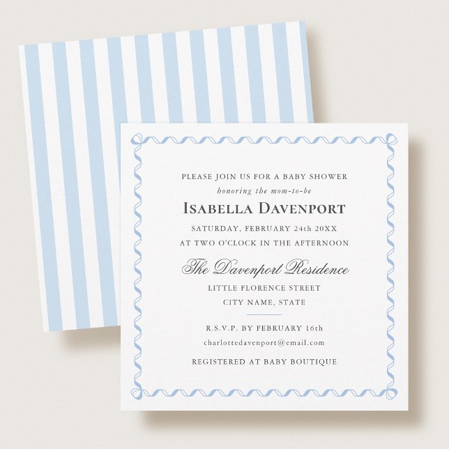 Elegant Ribbon Baby Shower Stripes Blue Square Invitation (Creator Uploaded)