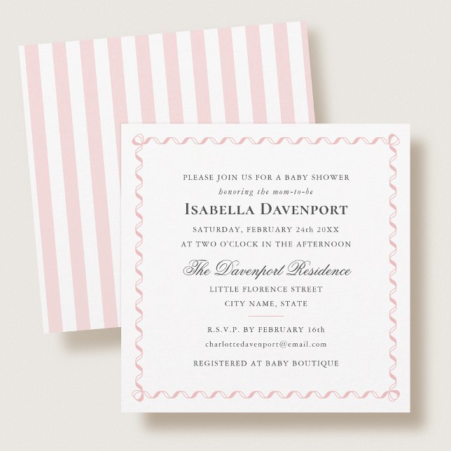 Elegant Ribbon Baby Shower Stripes Pink Square Invitation (Creator Uploaded)