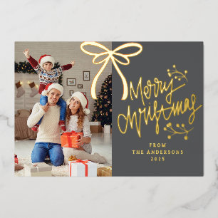 Elegant Ribbon & Berry Christmas Family photo Foil Holiday Card