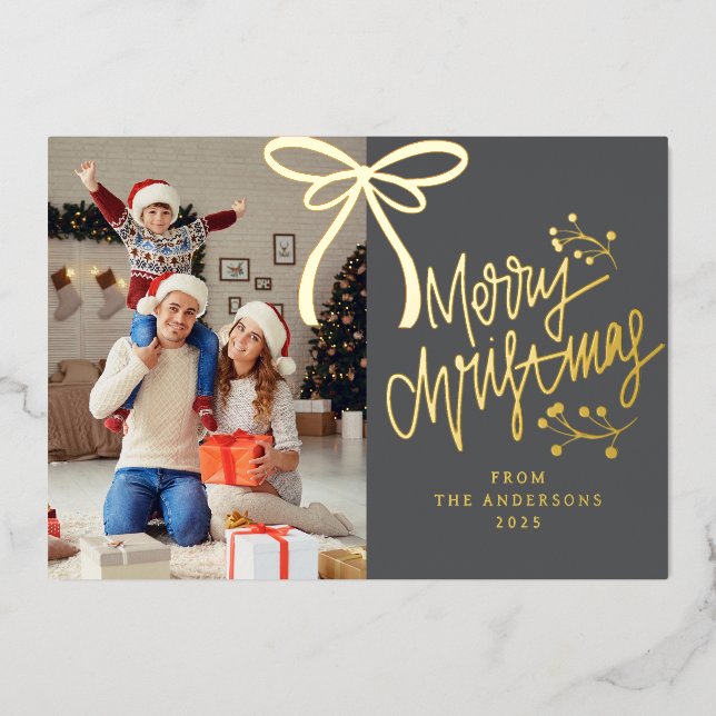 Elegant Ribbon & Berry Christmas Family photo Foil Holiday Card (Front)