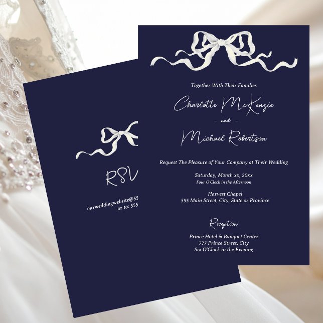 Elegant Ribbon & Bow Romantic Navy Wedding Invitation (Elegant Navy with White Bows Wedding Invitation)