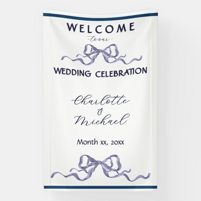 Elegant Ribbon & Bow Romantic Wedding Navy Banner (Vertical)