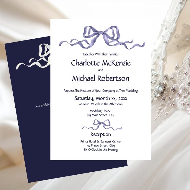 Elegant Ribbon & Bow Romantic Wedding Navy & White Invitation (Elegant Navy and White Wedding Bows Invitation)