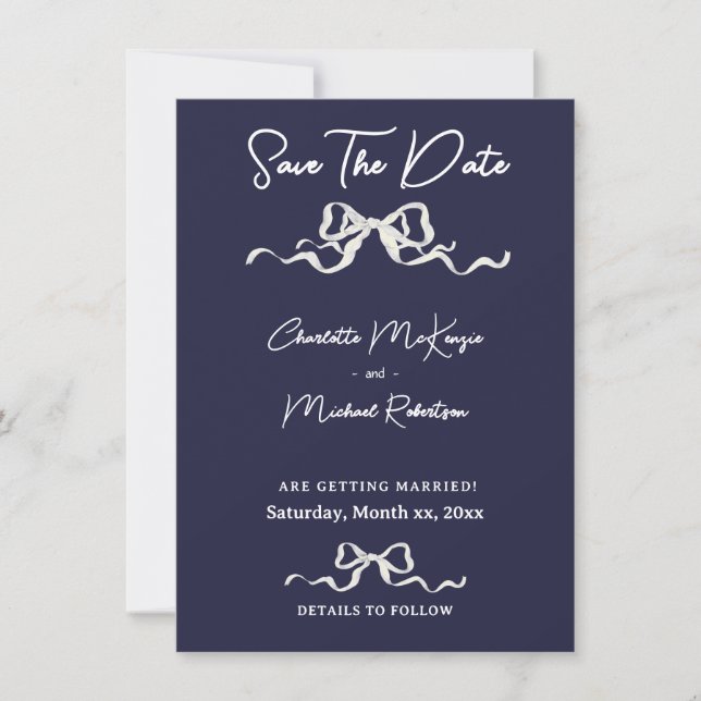 Elegant Ribbon & Bow Romantic Wedding Navy & White Save The Date (Front)