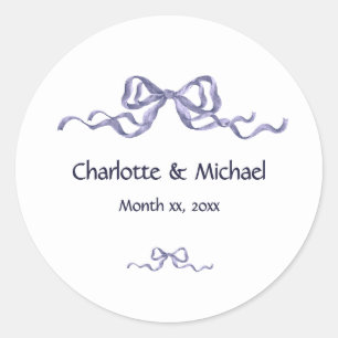 Elegant Ribbon & Bow Romantic White & Navy Wedding Classic Round Sticker