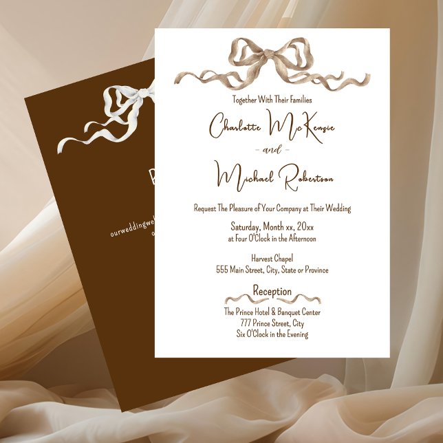Elegant Ribbon & Bow Warm Brown Classic Wedding Invitation (Elegant Warm Brown with Bows Wedding Invitation)