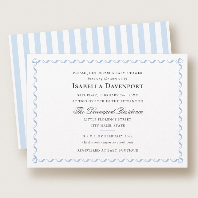 Elegant Ribbon Candy Striped Baby Shower Blue Invitation (Creator Uploaded)
