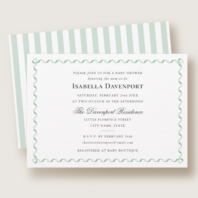Elegant Ribbon Candy Striped Baby Shower Green Invitation (Creator Uploaded)