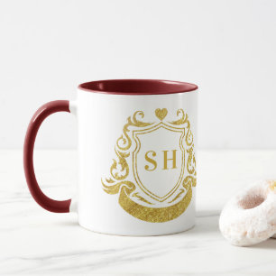 Elegant Ribbon Crest and Gold Initial Monogram Mug