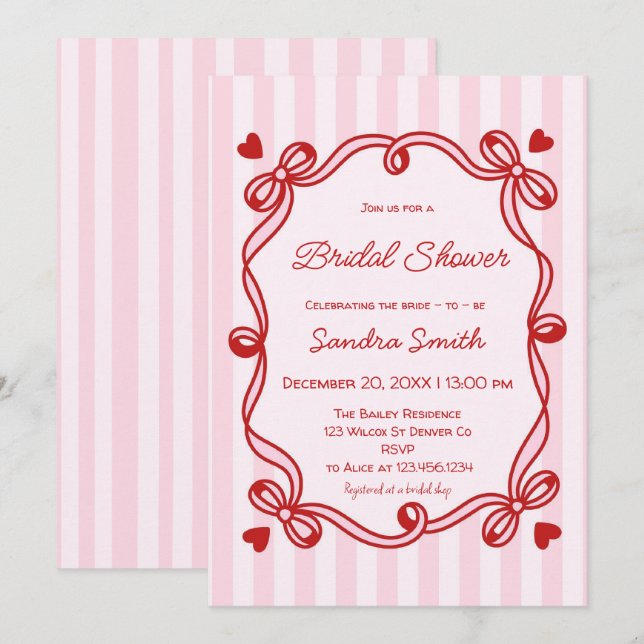 Elegant Ribbon Hand Drawn Bridal Shower Invitation (Front/Back)