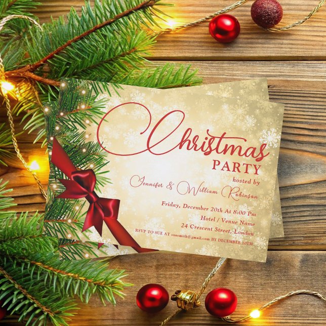 Elegant Ribbon & Pine Gold Xmas Holiday  Invitation (Elegant Ribbon & Pine Gold Xmas Holiday Invitation)