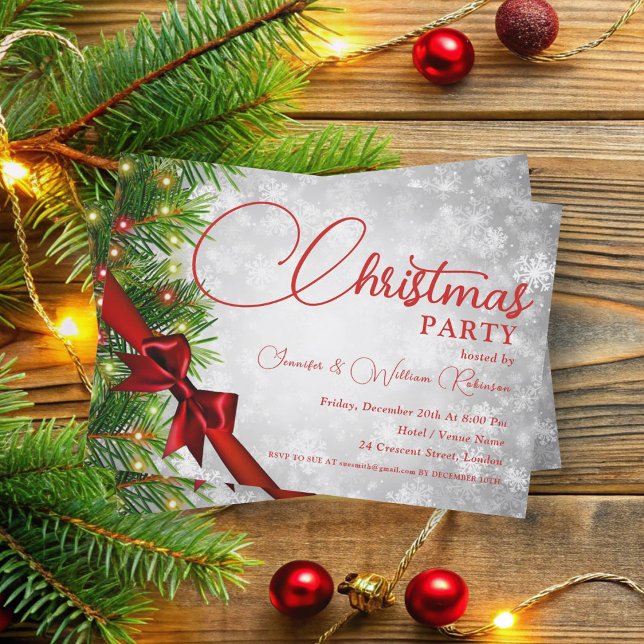 Elegant Ribbon & Pine Silver Xmas Holiday  Invitation (Elegant Ribbon & Pine Silver Xmas Holiday Invitation)
