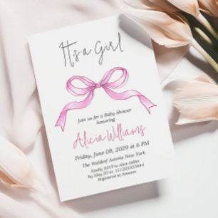 Elegant Ribbon Pink Bow Baby Girl Baby Shower Invitation