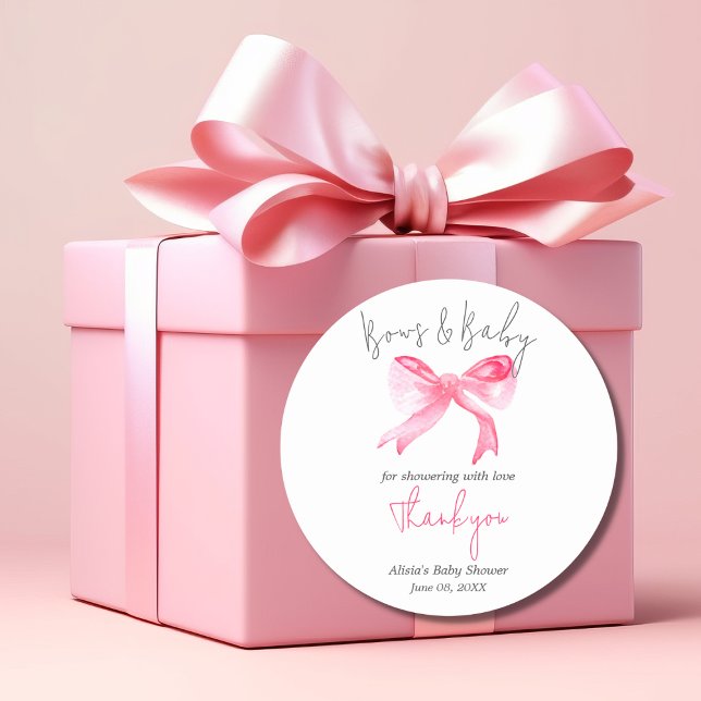 Elegant Ribbon Pink Bows and Baby Girl Baby Shower Classic Round Sticker (Creator Uploaded)