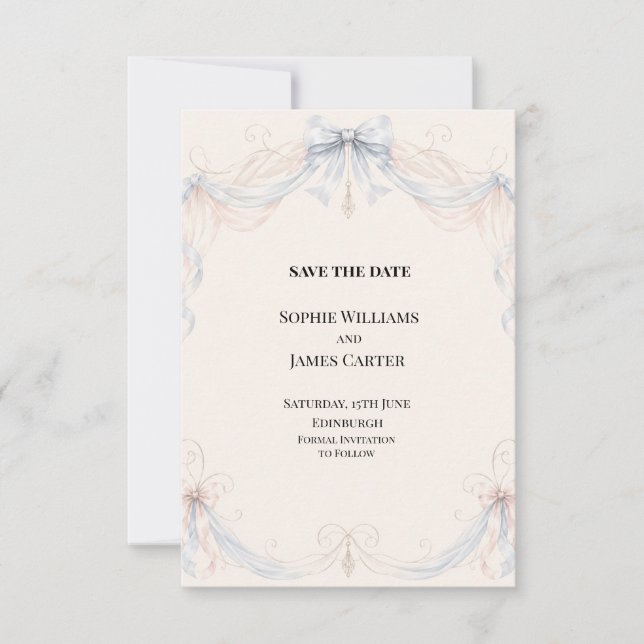Elegant Ribbon Scroll Wedding Save the Date Card (Front)