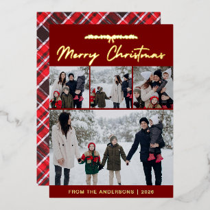 Elegant Ribbon & Tartan Plaid Christmas 4 Photo Foil Holiday Card