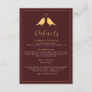 Elegant Rich Burgundy & Gold Birds Wedding Details Enclosure Card