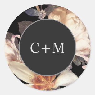 Elegant Rich Moody Floral Monogram Classic Round Sticker