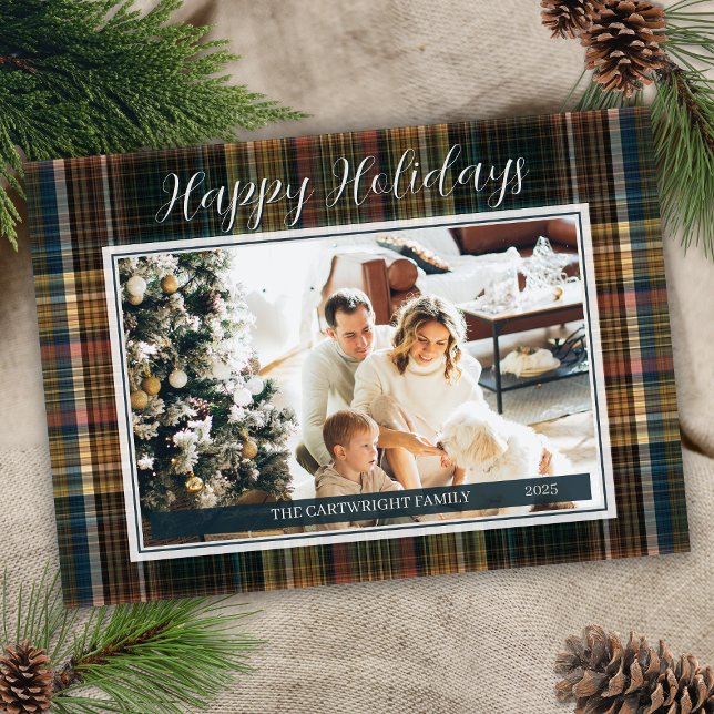 Elegant Rich Plaid Heirloom Style Happy Holidays Holiday Card (Elegant vintage plaid happy holidays card with single photo and family name year on front message)