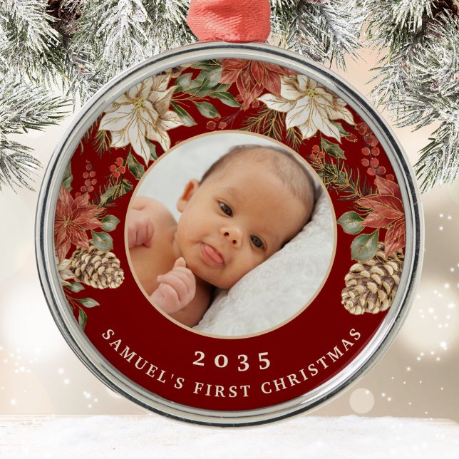 Elegant Rich Red Baby's First Christmas Photo Metal Ornament (Creator Uploaded)