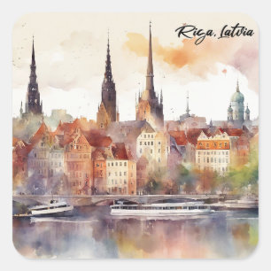 Elegant Riga Latvia Watercolor City View Square Sticker