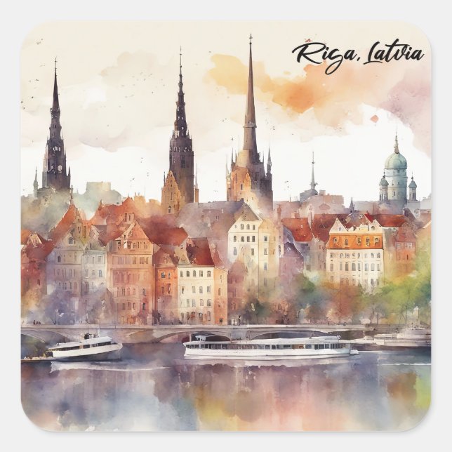 Elegant Riga Latvia Watercolor City View Square Sticker (Front)