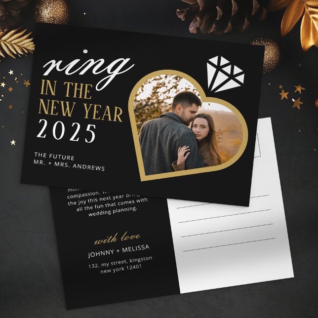 Elegant Ring in the New Year Engagement Christmas Holiday Postcard (Creator Uploaded)