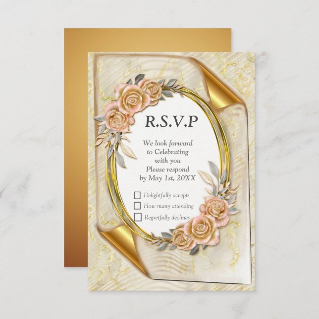 Elegant Ripple Cream & Gold RSVP Card (Front/Back)