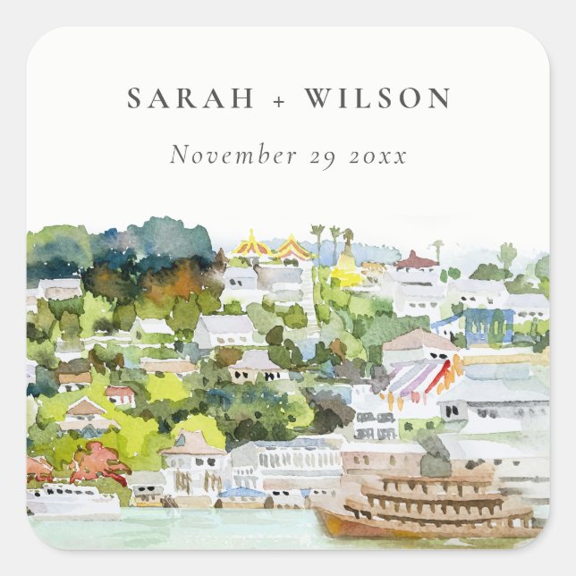 Elegant River Cruise Country Landscape Wedding Square Sticker (Front)