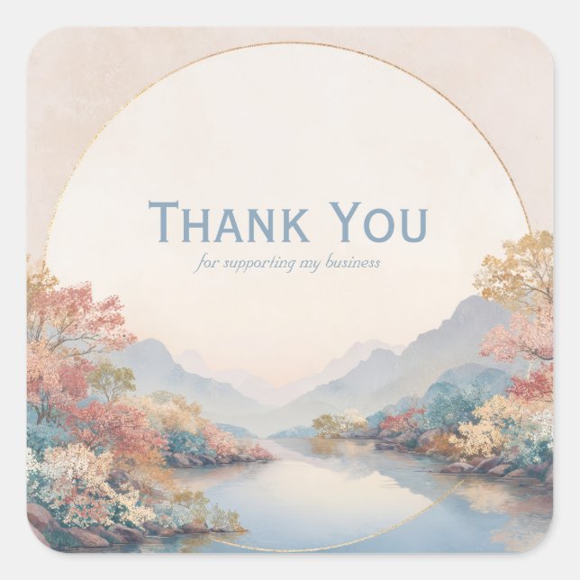 Elegant River Landscape Autumn Bloom Gold Circle Square Sticker (Front)