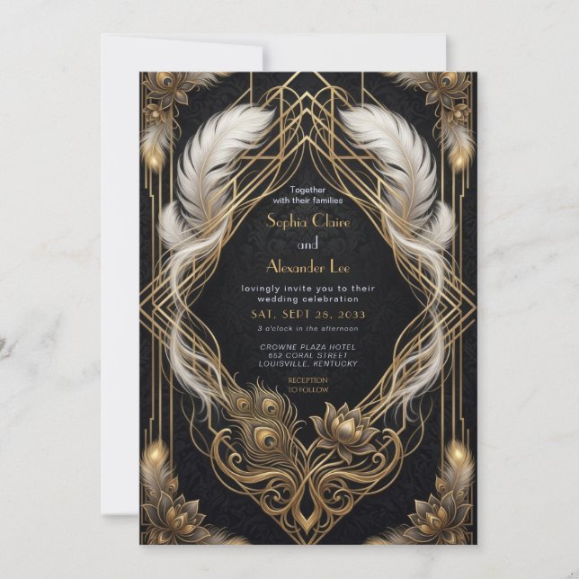 Elegant Roaring 20s Black and Gold Feather Wedding Invitation (Front)