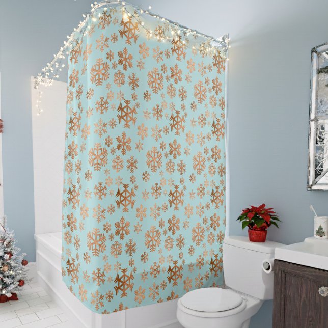 Elegant Robin Egg Blue Festive Copper Snowflakes Shower Curtain (Elegant copper snowflake on a robin egg blue shower curtain )