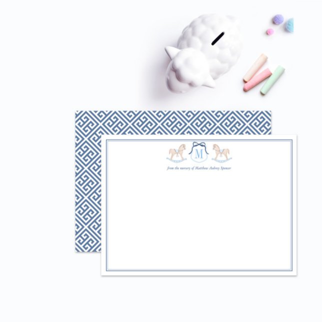 Elegant Rocking Horse Monogram Baby Boy Stationery Thank You Card (Elegant blue and whie monogram nursery note cards featuring hand-painted watercolor rocking horse)