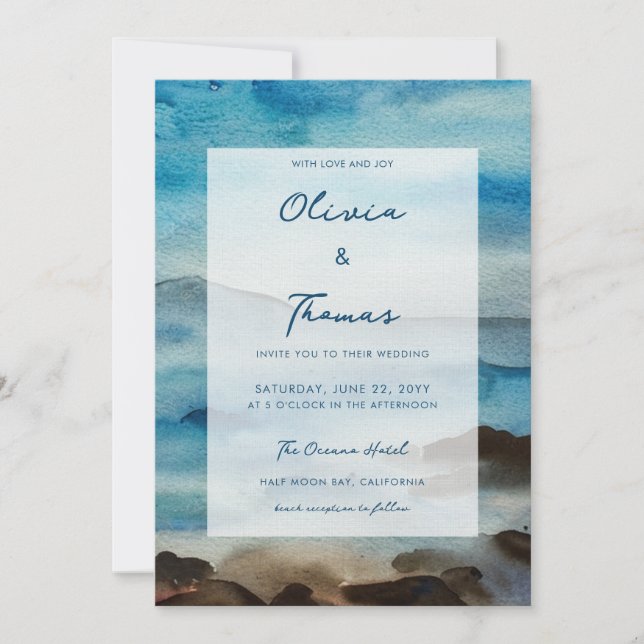 Elegant Rocky Ocean Mist Seafront Beach Wedding Invitation (Front)