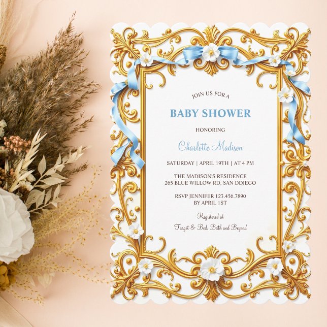 Elegant Rococo Blue Gold Floral Boy Baby Shower Invitation (Elegant Rococo Blue Gold Floral Boy Baby Shower Invitation)