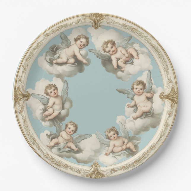 Elegant Rococo Cherub Cloud Blue Paper Plate (Front)