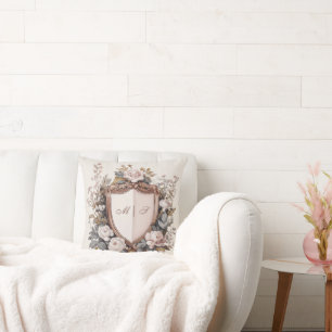Elegant Rococo Crest Initials Floral Wedding Cushion