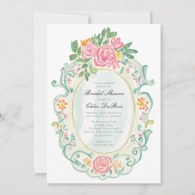 Elegant Rococo Floral Bridal Shower QR code  Invitation (Front)