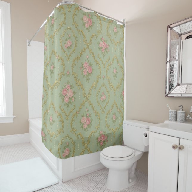 Elegant Rococo Floral Pattern in Soft Pastels Shower Curtain (In Situ)