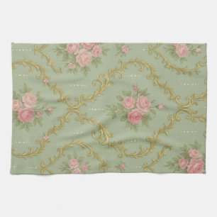 Elegant Rococo Floral Pattern in Soft Pastels Tea Towel