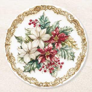 Elegant Rococo Floral Poinsettia Holiday Dining Round Paper Coaster