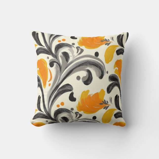 Elegant Rococo Inspired Orange and Black Design Cushion (Front)